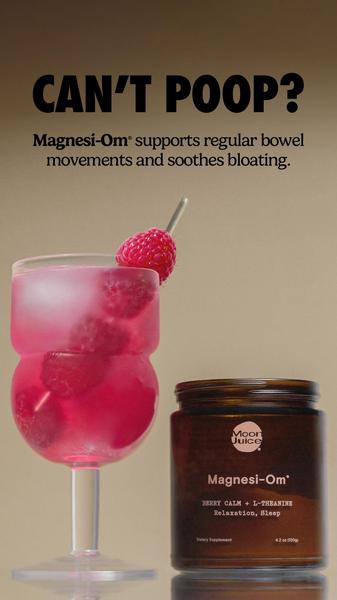 A minimalist, bold-text ad creative that addresses a common pain point for the Magnesi-Om supplement, paired with an aesthetic drink photo.